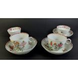 Four English 18th century famille rose style tea cups and saucers with floral decoration