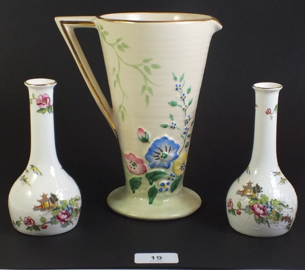 A Price's Art Deco jug 20cm tall and a pair of Crown Staffordshire small vases