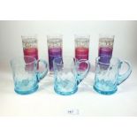 A set of three Whitefriars style turquoise glass tankards and four purple and gilt tumblers