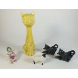 Two black cat spill vases, yellow cartoon cat, Beswick sheep and pixie figure
