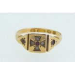 A Victorian 15 carat gold ecclesiastical church style ring set small ruby and seed pearls, 2.0g