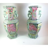 A pair of modern Chinese reproduction hexagonal large enamelled vases, 48cm.