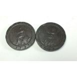 Two Copper two pence coins, George III 1797 soho mints. Condition: Fine
