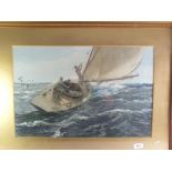A print of a trawler on rough seas, framed and glazed, 36 x 55cm
