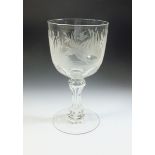 A Victorian cut glass goblet engraved hunting scene with dog and ducks amongst the reeds, 17cm