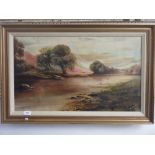 H. Saxton - Oil on Canvas, River Scene, 38cm by 64cm.