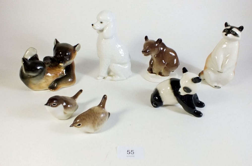 A collection of seven Lomonosov USSR animal figurines to include bears, wrens etc