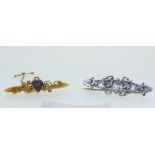 A Victorian 15 ct gold bar brooch set heart form amethyst and seed pearls, 3.5g and a Victorian