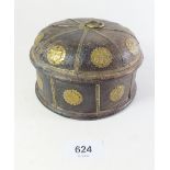 An Indian brass mound wooden circular box, 14cm diameter
