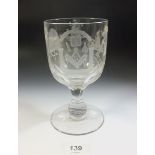 A late 19th century engraved glass Masonic goblet , 15.5 cm tall