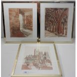 Ken Hildrew - a set of three coloured prints of Canterbury Cathedral, 28 x 22cm