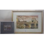 David Coupe - framed watercolour of Monmouth Bridge, 24 x 39cm and one small butterfly wing painting