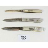 Three various mother of pearl and silver bladed fruit knives, two by George Unite, one finely