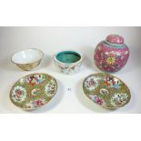 A selection of Chinese ceramics to include a 19thC pair of Canton enamel dishes, a famille rose