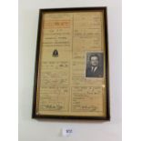 A framed and glazed WW2 period war correspondents journalists temporary licence - 32cm by 19cm.