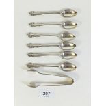 A set of six silver teaspoons with matching sugar tongs by Walker and Hall, 108g, Sheffield 1917