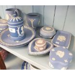 A collection of thirteen items of blue Wedgwood Jasperware