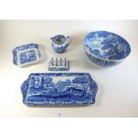 A large Spode fruit bowl, a sandwich plate, jug, toadst rack and square dish