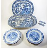 Two blue and white willow pattern meat plates and five tea plates