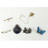 An enamel butterfly brooch, two Edwardian yellow metal bar brooches, fine gold chain etc