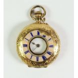 An 18 carat gold and enamel Swiss fob watch with half hunter dial