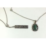 A silver ingot pendant together with a Mexican silver and greenstone pendant and chain