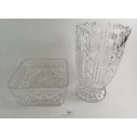A square cut glass fruit bowl 20cm wide and a large cut glass vase