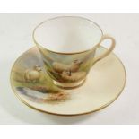 A cup and saucer painted sheep & landscape by Francis Clark (ex Worcester artist)