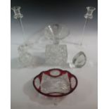 A selection of cut glass and other glassware to include candlesticks, cut glass box etc