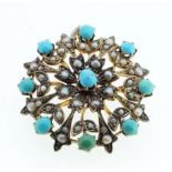 A late 19th/early 20th century 9 carat gold turquoise and seed pearl pendant brooch, 3.4cm diameter