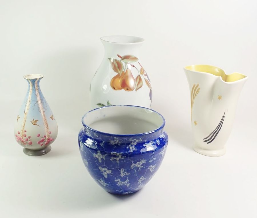 A selection of four ceramic vases to include Chinese vase with Prunus decoration, Crown Devon