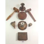 A selection of treen to include auctioneers gavels, inkwell etc