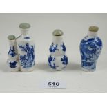 Three mid 20th century Chinese porcelain blue and white snuff bottles