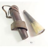 A 19thC horn hunting flask with silver plated top and glass bottom, 26cm high, in fitted leather