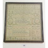 An early 19th century needlework sampler with religous text and floral motifs, 27.5 x 29.5 cm