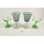Two green trailed cocktail glasses and two Medici turquoise glasses