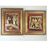 A Chinese carved and gilt wood temple panel depicting figure in a garden 23 x 17cm and another