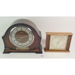 A Smiths oak chiming mantel clock with key and pendulum and a Kienzle vintage mantel clock