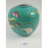 A Chinese turquoise ginger jar decorated lilies, no lid in the style of Wang Bing Rong, 19cm tall