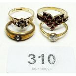 A garnet set white metal ring, an 18 ct gold ring set paste, a 9 ct gold sapphire ring and an 18