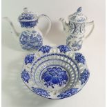 A Delft pierced floral basket, two blue and white coffee pots etc