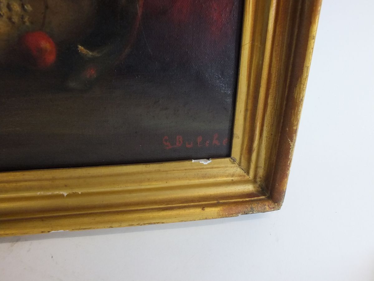A mid 20thC oil on canvas - still life of fruit, signed 'G. Bulcke', possibly Belgian artist Guy van - Image 5 of 5