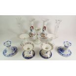 A collection of porcelain candlesticks including Royal Albert and a glass pair