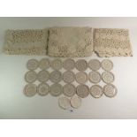 A set of six lace table mats, two runners and six glass and lace covered vintage coasters