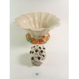 A Clarice Cliff Art Deco cream flower bowl with orange flower decoration, original flower holder