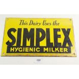 A vintage Simplex Hygienic Milker dairy enamel advertising sign, 33cm wide