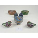 Five Chinese enamel cloisonne miniature boxes and two scent bottles