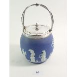 A Wedgwood Jasperware biscuit barrell with silver plated mounts