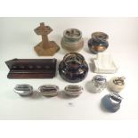 A collection of smokers items including tobacco jars, pipe racks, lighters etc