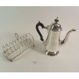 A silver plated toast rack and a silver plated coffee pot